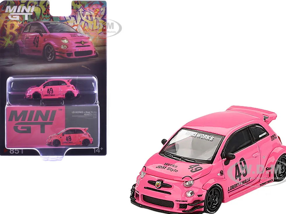 ABARTH 595 #49 "LB-Works x Abas Works" Pink Limited Edition 1/64 Diecast Model Car by Mini GT