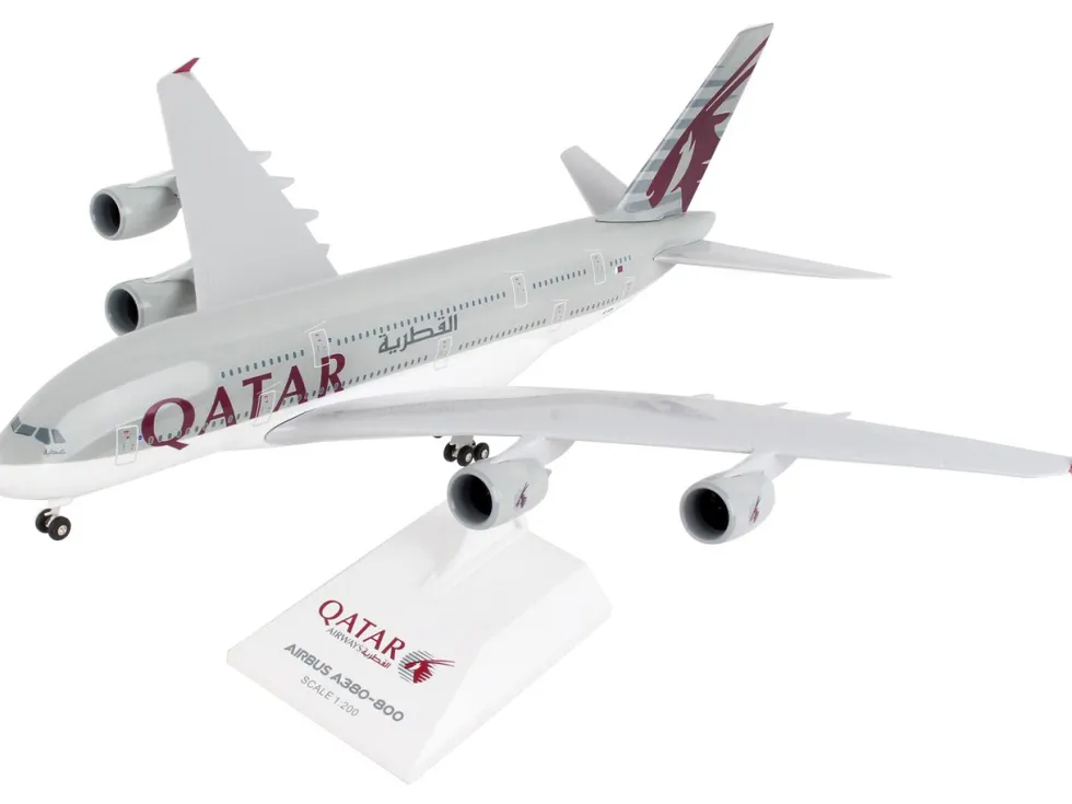 Airbus A380 Commercial Aircraft "Qatar Airways" (A7-APA) Gray with Tail Graphics (Snap-Fit) 1/200 Plastic Model by Skymarks