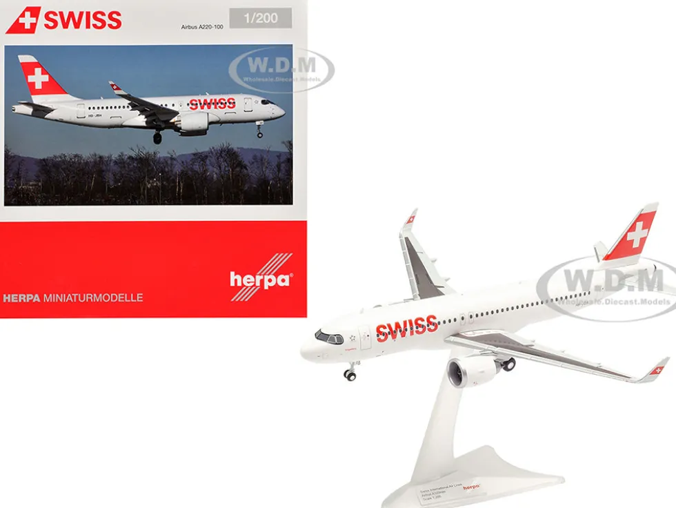 Airbus A220-100 Commercial Aircraft "Swiss International Air Lines" (HB-JBH) White with Red Tail 1/200 Diecast Model Airplane by Herpa