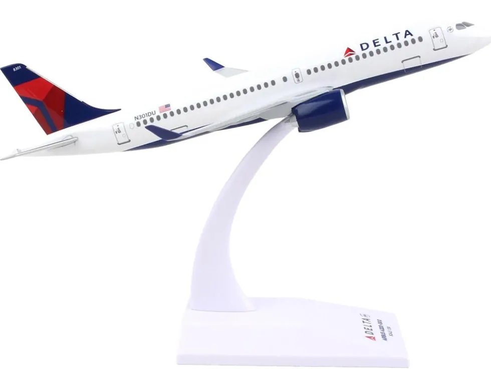 Airbus A220 300 Commercial Aircraft Delta Air Lines N301DU White with Red and Blue Tail Snap Fit 1/200 Plastic Model Skymarks SKR1091