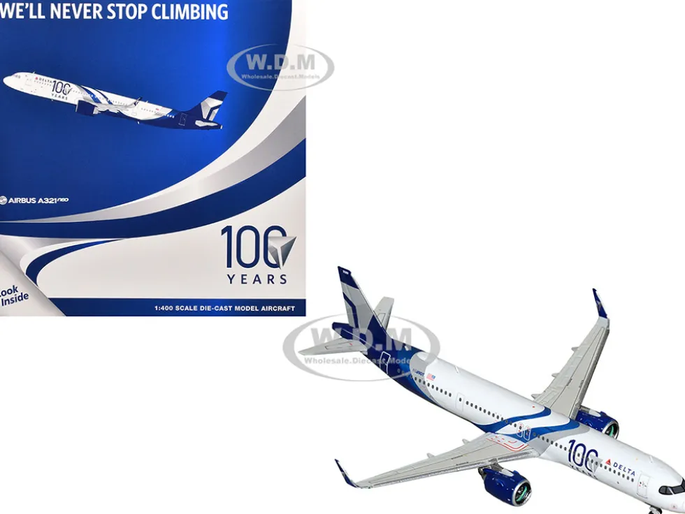 Airbus A321neo Commercial Aircraft "Delta Air Lines 100 Years" (N589DT) White and Blue with Stripes 1/400 Diecast Model Airplane by GeminiJets