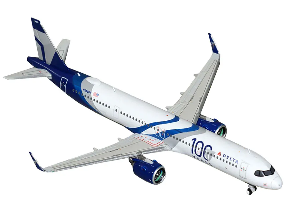 Airbus A321neo Commercial Aircraft "Delta Air Lines 100 Years" (N589DT) White and Blue with Stripes 1/400 Diecast Model Airplane by GeminiJets