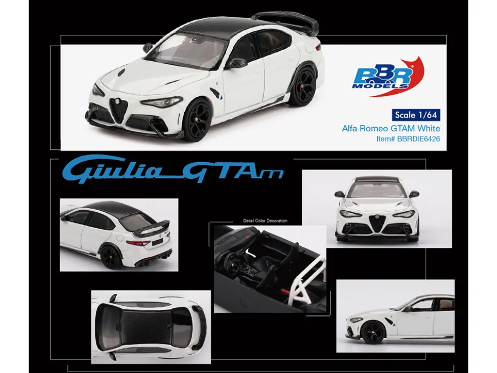 Alfa Romeo Giulia GTAm White with Carbon Top 1/64 Diecast Model Car by BBR