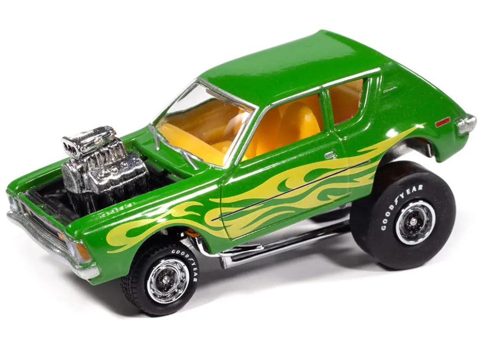 1971 AMC Gremlin Lime Green Metallic with Yellow Flames and Interior "Zingers!" Series 1/64 Diecast Model Car by Johnny Lightning