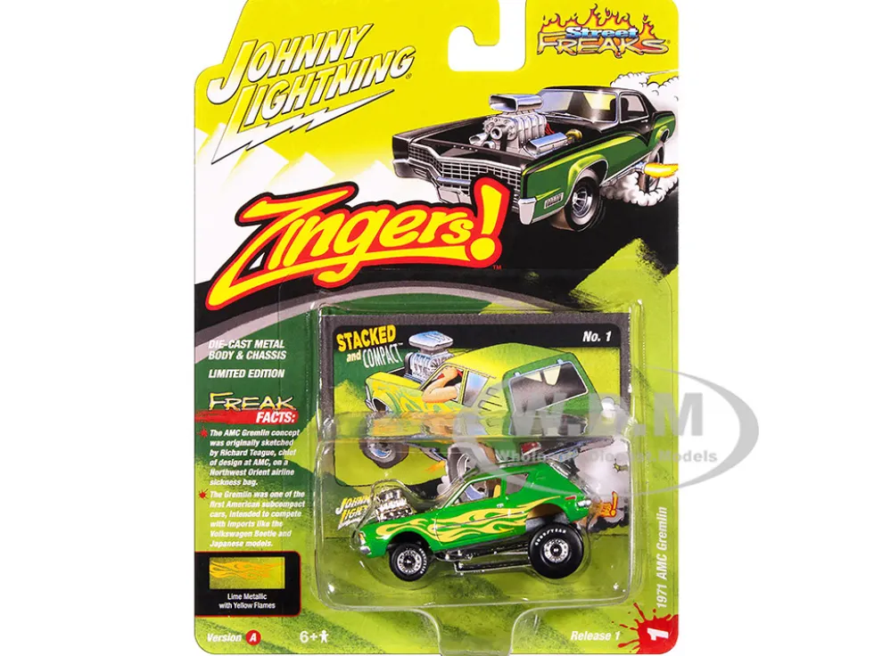 1971 AMC Gremlin Lime Green Metallic with Yellow Flames and Interior "Zingers!" Series 1/64 Diecast Model Car by Johnny Lightning