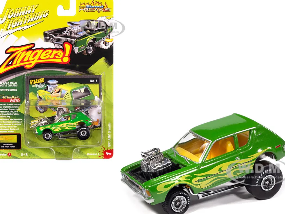1971 AMC Gremlin Lime Green Metallic with Yellow Flames and Interior "Zingers!" Series 1/64 Diecast Model Car by Johnny Lightning