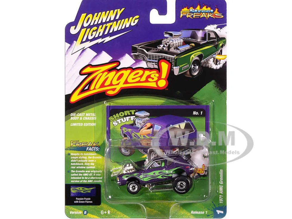1971 AMC Gremlin Passion Purple Metallic with Green Flames and Interior "Zingers!" Series 1/64 Diecast Model Car by Johnny Lightning