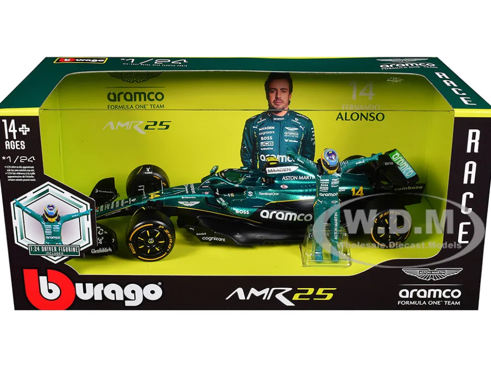 Aston Martin AMR25 #14 Fernando Alonso "Aramco" Formula One F1 "World Championship" (2025) with Driver Figure 1/24 Diecast Model Car by Bburago