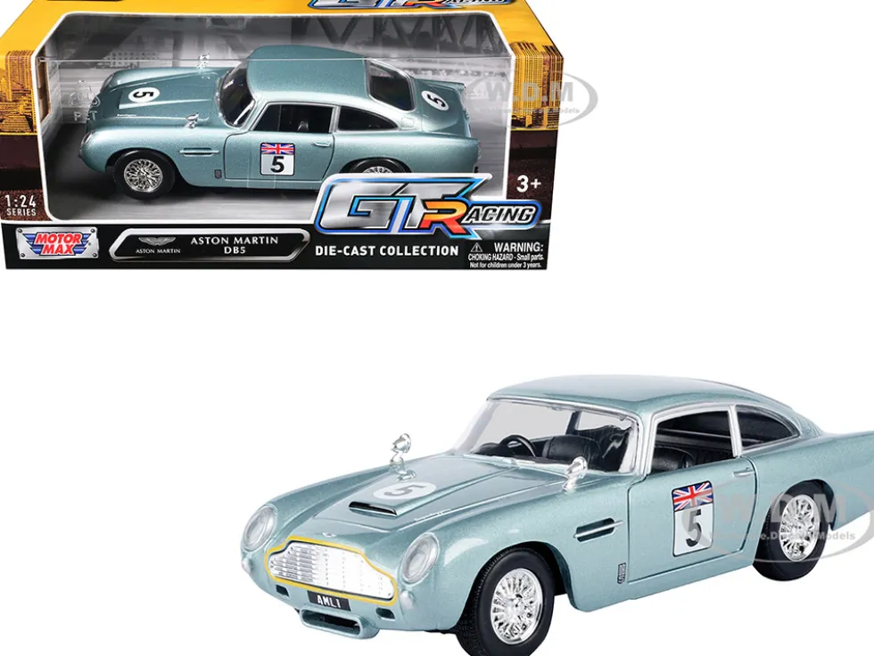 Aston Martin DB5 RHD (Right Hand Drive) #5 Light Blue Metallic "GT Racing" Series 1/24 Diecast Model Car by Motormax