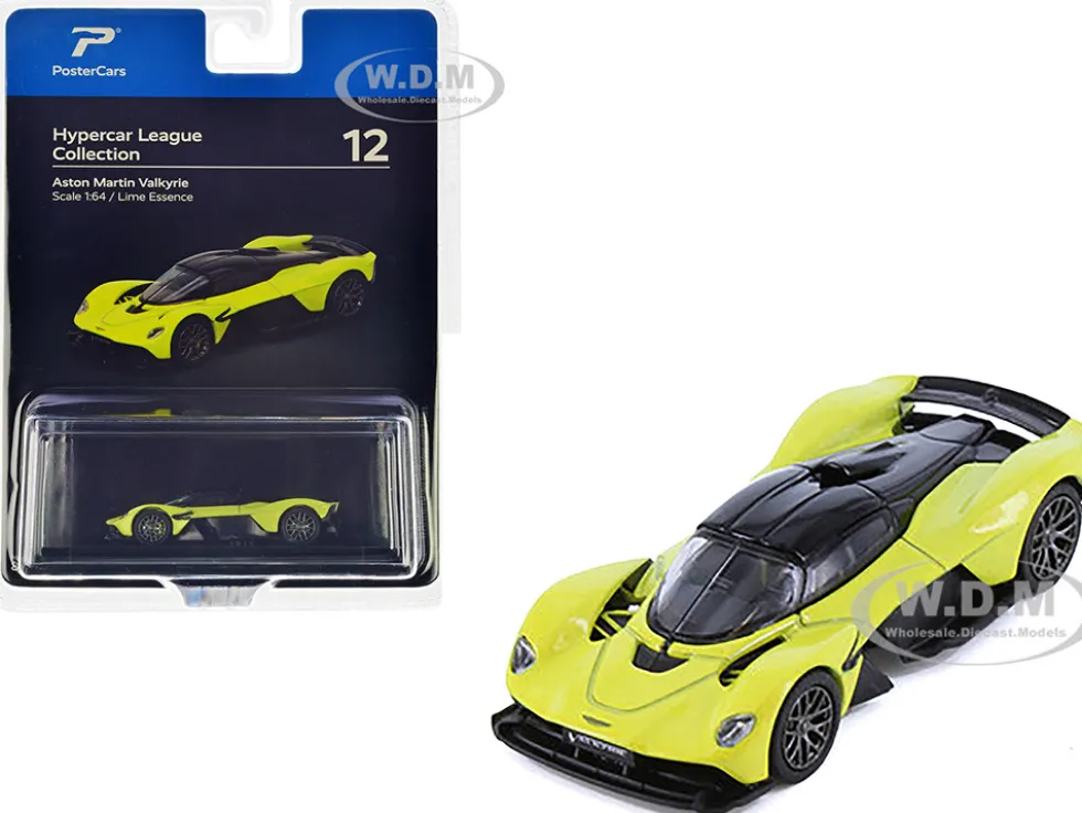 Aston Martin Valkyrie Lime Essence Yellow Metallic with Black Top Hypercar League Collection 1/64 Diecast Model Car PosterCars H12B