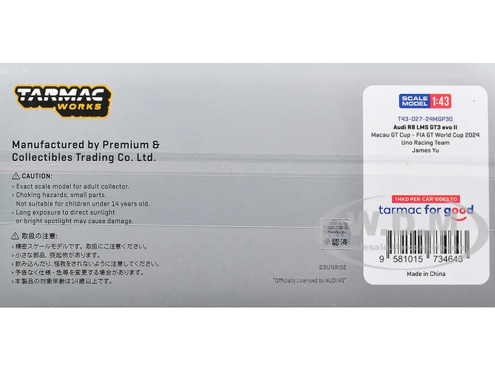 Audi R8 LMS GT3 evo II #30 James Yu "Uno Racing Team" "Macau GT Cup - FIA GT World Cup" (2024) with A4 Poster "Hobby43" Series 1/43 Diecast Model Car by Tarmac Works