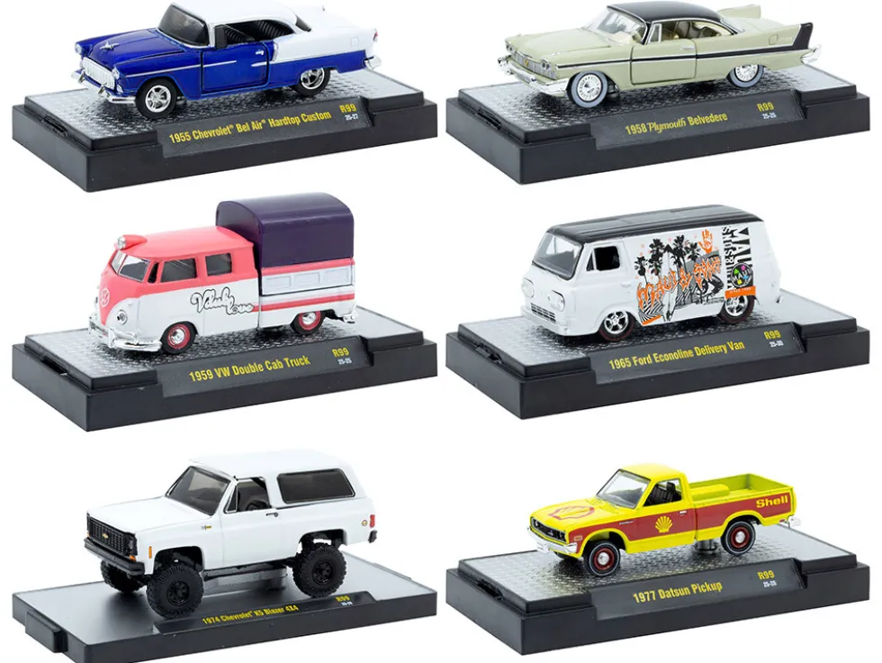Auto-Thentics 6 piece Set Release 99 IN DISPLAY CASES Limited Edition 1/64 Diecast Model Cars by M2 Machines