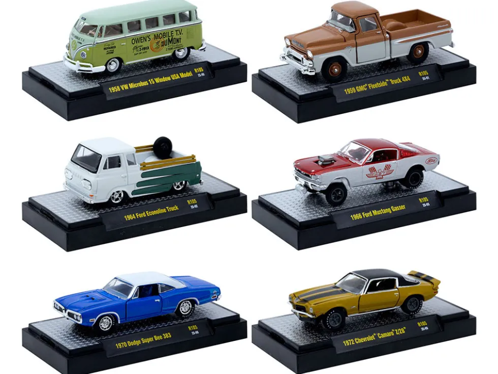 Auto-Thentics 6 piece Set Release 105 IN DISPLAY CASES Limited Edition 1/64 Diecast Model Cars by M2 Machines