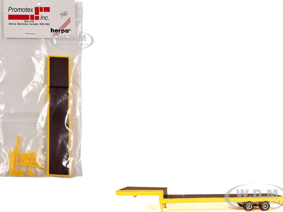 2-Axle Step Deck Equipment Trailer with Ramps Yellow 1/87 (HO) Plastic Model by Promotex