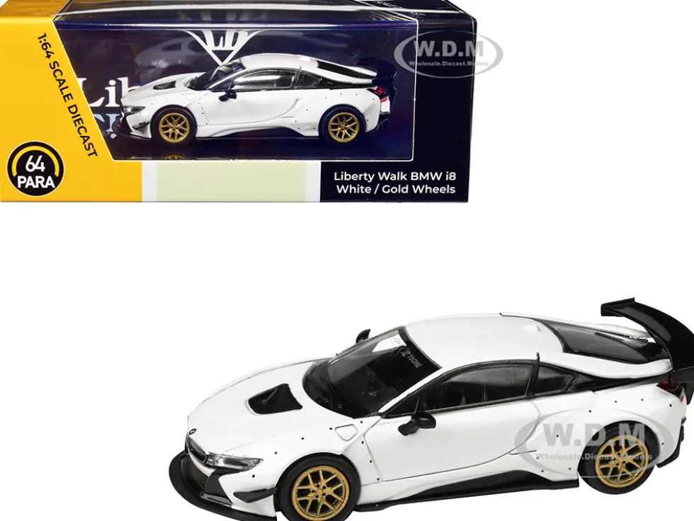 BMW i8 Liberty Walk White Gold Wheels 1/64 Diecast Model Car Paragon Models PA-55152