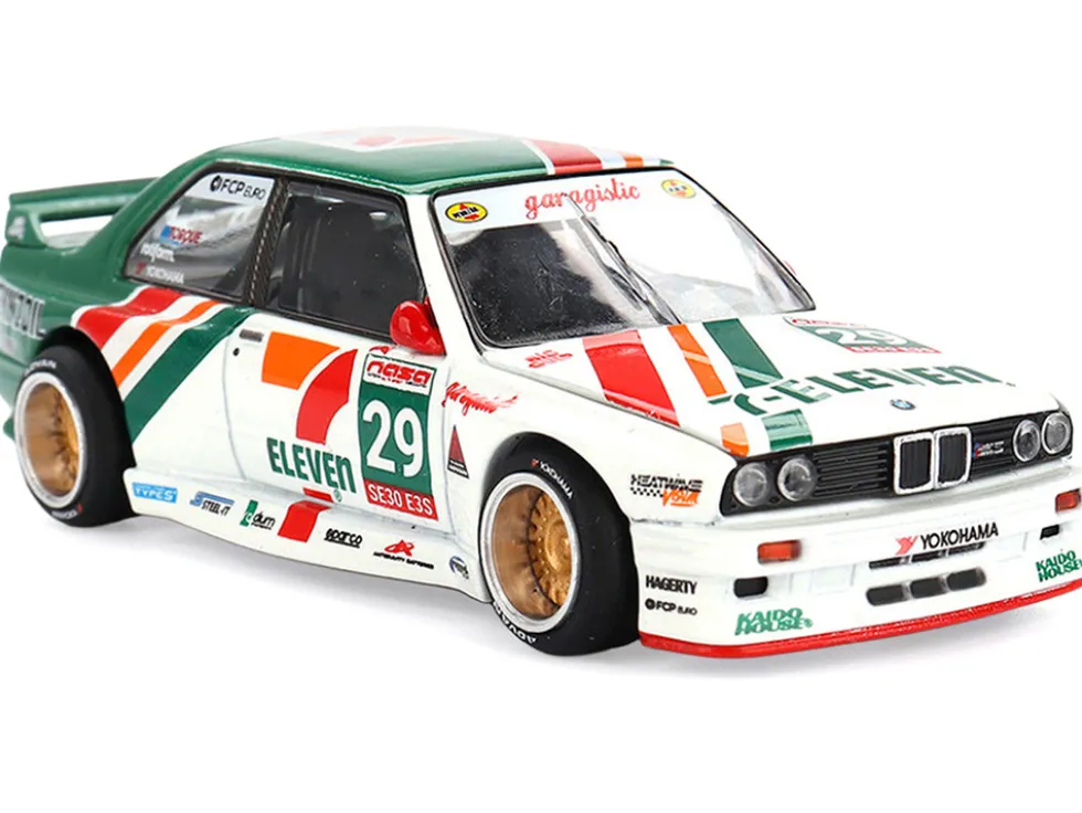 BMW M3 "Kaido Works Larry Chen V1" #29 "7-Eleven" White and Green with Graphics (Designed by Jun Imai) "Kaido House" Special 1/64 Diecast Model Car by Mini GT