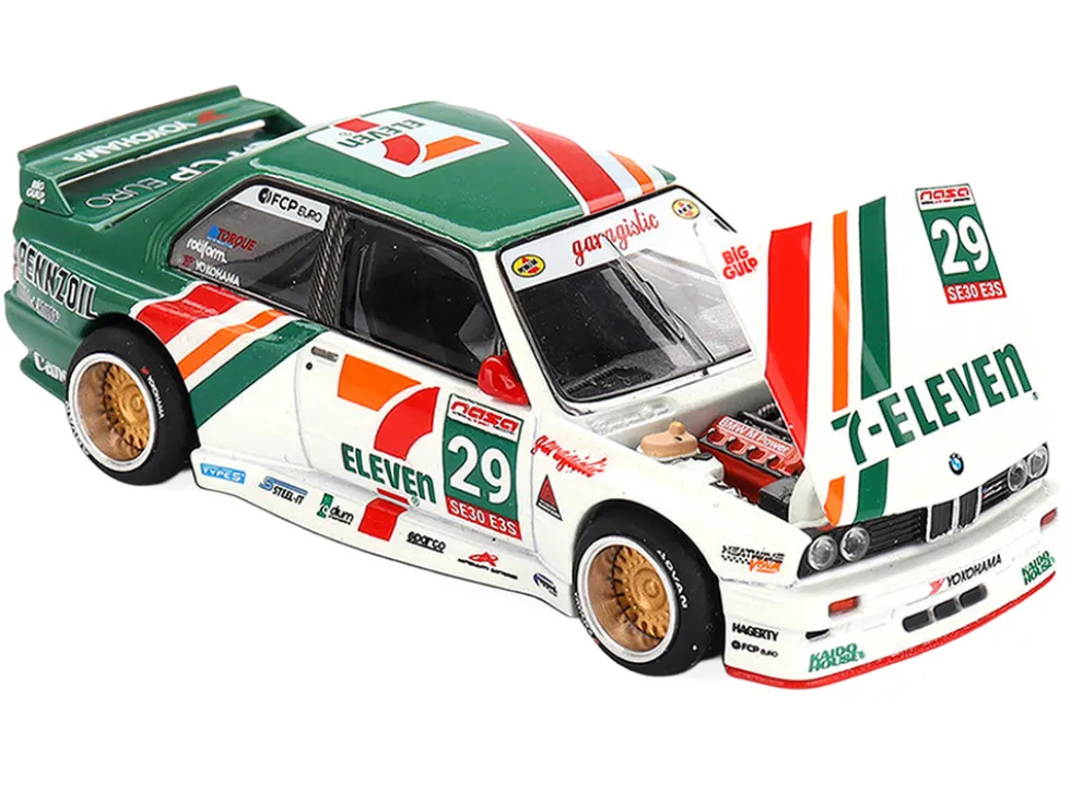 BMW M3 "Kaido Works Larry Chen V1" #29 "7-Eleven" White and Green with Graphics (Designed by Jun Imai) "Kaido House" Special 1/64 Diecast Model Car by Mini GT