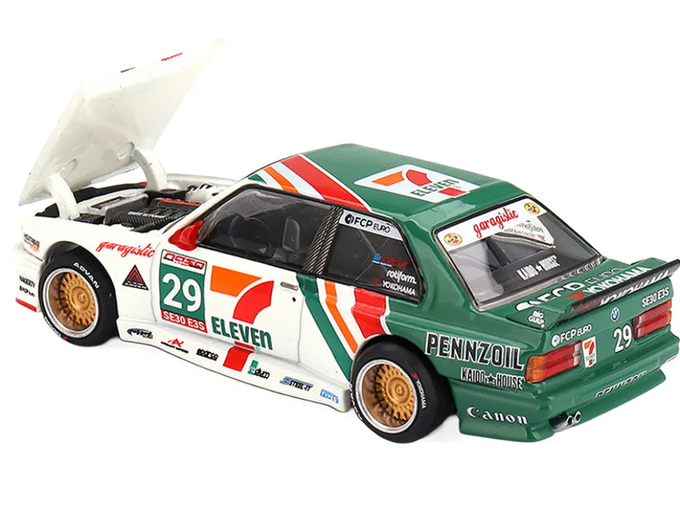 BMW M3 "Kaido Works Larry Chen V1" #29 "7-Eleven" White and Green with Graphics (Designed by Jun Imai) "Kaido House" Special 1/64 Diecast Model Car by Mini GT