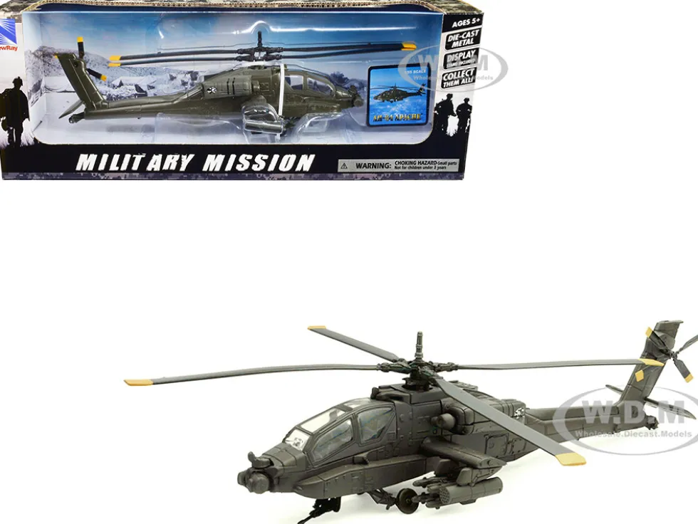 Boeing AH 64 Apache Attack Helicopter Olive Drab United States Army Military Mission Series 1/55 Diecast Model New Ray 25523