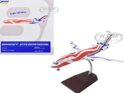 Boeing 727 200 Commercial Aircraft Braniff International Airways Calder Bicentennial Livery White with Red and Blue Stripes Gemini 200 Series 1/200 Diecast Model Airplane GeminiJets G2BNF1220