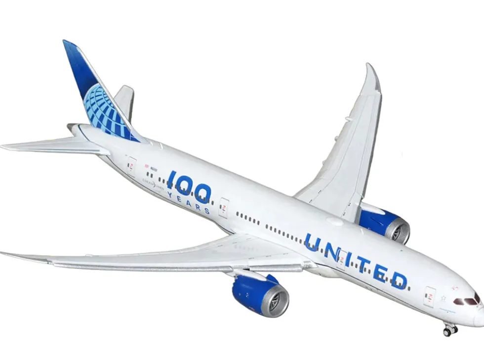 Boeing 787-9 Commercial Aircraft with Flaps Down "United Airlines 100 Years" (N61101) White with Graphics and Blue Tail 1/400 Diecast Model Airplane by GeminiJets
