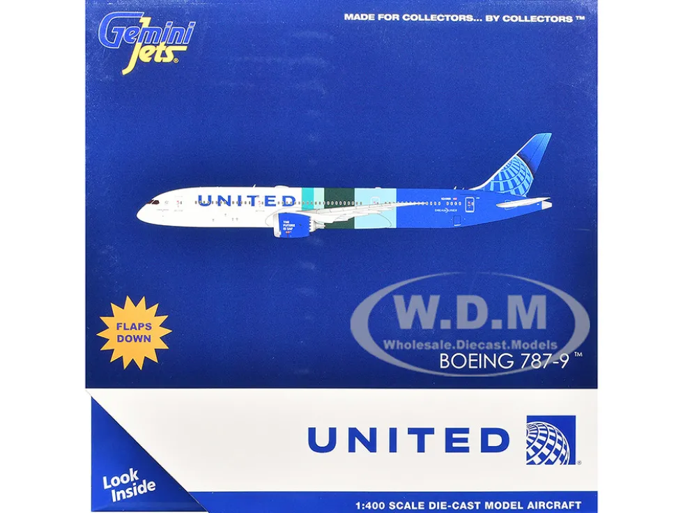 Boeing 787-9 Commercial Aircraft with Flaps Down "United Airlines - The Future is SAF" (N24988) White and Blue with Stripes 1/400 Diecast Model Airplane by GeminiJets
