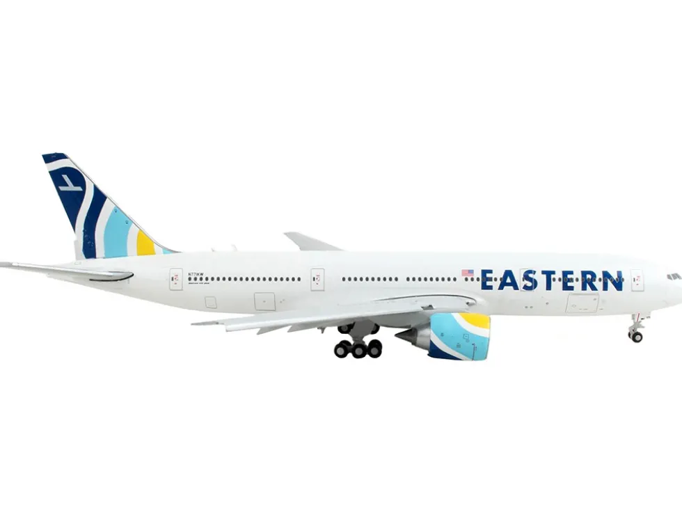 Boeing 777 200ER Commercial Aircraft with Flaps Down Eastern Air Lines White with Striped Tail 1/400 Diecast Model Airplane GeminiJets GJ2059F