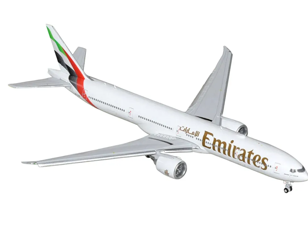 Boeing 777-300ER Commercial Aircraft with Flaps Down "Emirates Airlines" (A6-EQH) White with Striped Tail 1/400 Diecast Model Airplane by GeminiJets