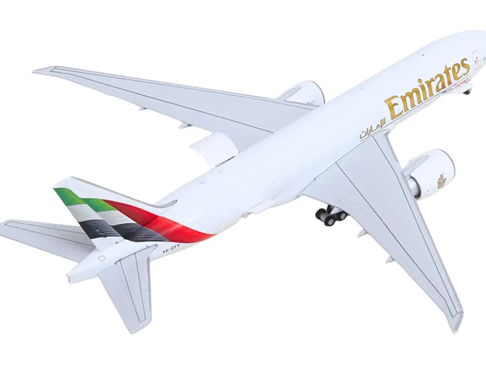Boeing 777F Commercial Aircraft "Emirates SkyCargo" (A6-EFV) White with Striped Tail "Interactive Series" 1/400 Diecast Model Airplane by GeminiJets