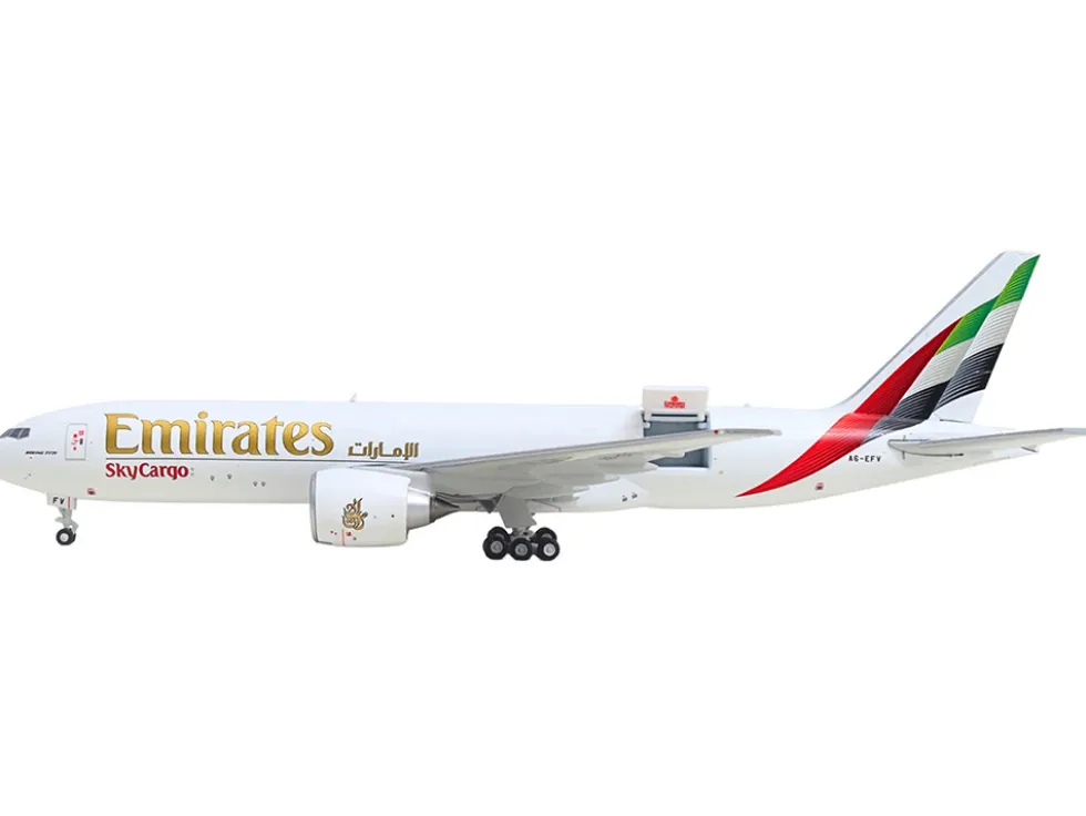 Boeing 777F Commercial Aircraft "Emirates SkyCargo" (A6-EFV) White with Striped Tail "Interactive Series" 1/400 Diecast Model Airplane by GeminiJets