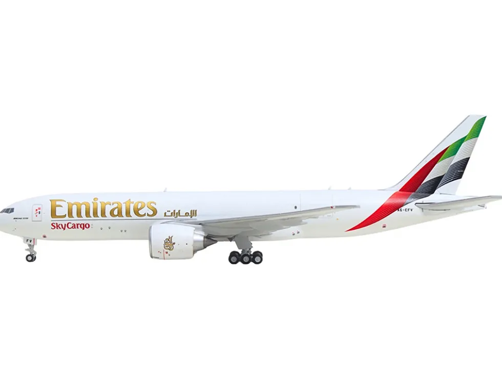 Boeing 777F Commercial Aircraft "Emirates SkyCargo" (A6-EFV) White with Striped Tail 1/400 Diecast Model Airplane by GeminiJets
