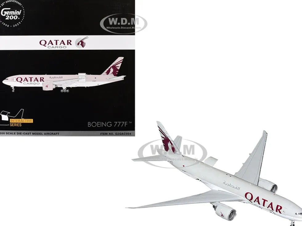 Boeing 777F Commercial Aircraft "Qatar Cargo" (A7-BFT) Gray with Tail Graphics "Gemini 200 - Interactive" Series 1/200 Diecast Model Airplane by GeminiJets