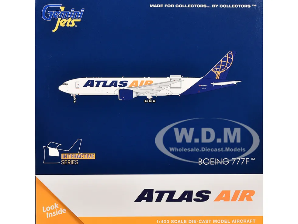 Boeing 777-200LRF Commercial Aircraft "Atlas Air" (N703GT) White with Blue Tail "Interactive Series" 1/400 Diecast Model Airplane by GeminiJets