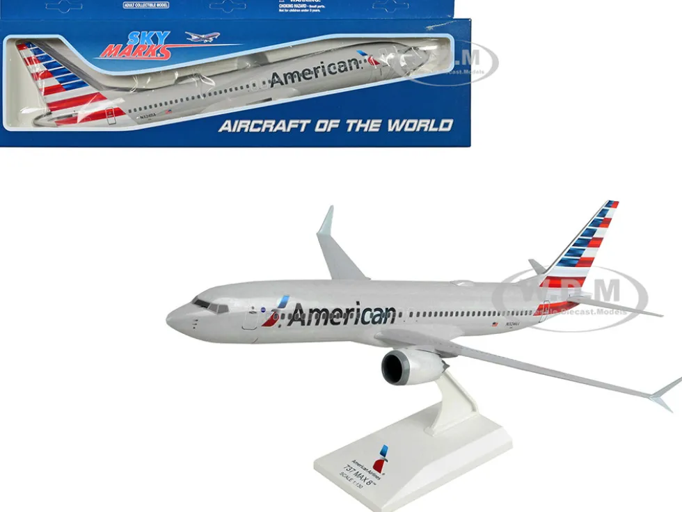 Boeing 737 MAX 8 Commercial Aircraft with Wi-Fi Dome "American Airlines" (N240SY) Gray with Red and Blue Tail (Snap-Fit) 1/130 Plastic Model by Skymarks