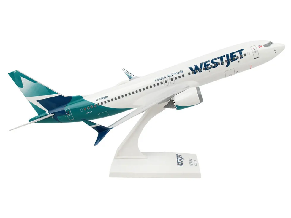 Boeing 737 MAX 8 Commercial Aircraft WestJet Airlines C FNWD White with Teal Tail Snap Fit 1/130 Plastic Model Skymarks SKR994