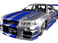 Brian's Nissan GTR Skyline R34 RHD (Right Hand Drive) Silver with Blue Stripes "Fast & Furious 25th Anniversary" Series 1/24 Diecast Model Car by Jada