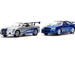 Brian's Nissan Skyline GT-R (BNR34) Silver with Blue Stripes and Nissan GT-R (BNR34) Blue Metallic Set of 2 pieces "25 Years of Fast & Furious" Series 1/32 Diecast Model Cars by Jada