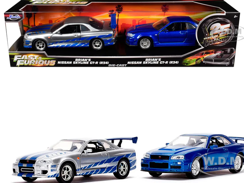 Brian's Nissan Skyline GT-R (BNR34) Silver with Blue Stripes and Nissan GT-R (BNR34) Blue Metallic Set of 2 pieces "25 Years of Fast & Furious" Series 1/32 Diecast Model Cars by Jada