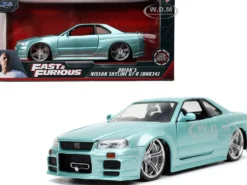 Brian's Nissan Skyline GT-R BNR34 RHD Right Hand Drive Turquoise Metallic Fast & Furious Movie 1/24 Diecast Model Car Jada 32608