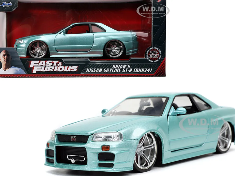 Brian's Nissan Skyline GT-R BNR34 RHD Right Hand Drive Turquoise Metallic Fast & Furious Movie 1/24 Diecast Model Car Jada 32608
