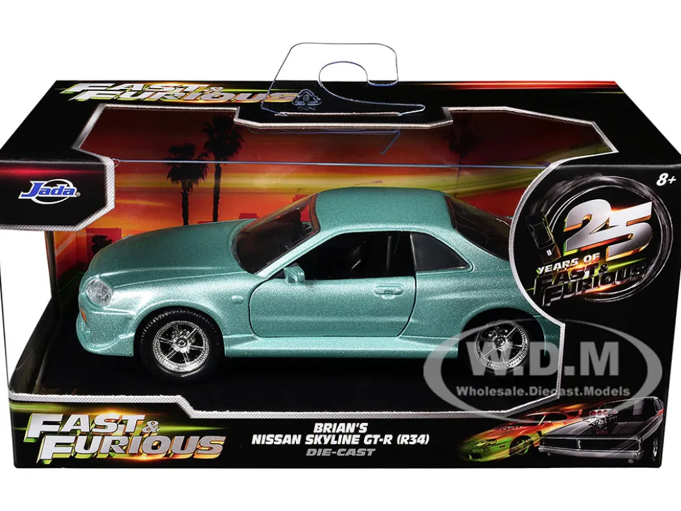 Brian's Nissan Skyline GT-R (BNR34) RHD (Right Hand Drive) Turquoise Metallic "Fast & Furious" Movie 1/32 Diecast Model Car by Jada