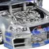 Brian's Nissan Skyline GT-R (R34) RHD (Right Hand Drive) Silver Color Brush Finish with Blue Stripes "2 Fast 2 Furious" (2003) Movie "Fast & Furious" Series 1/24 Diecast Model Car by Jada