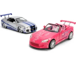 Brian's Nissan Skyline GT-R (R34) Silver Metallic with Blue Stripes and Suki's Honda S2000 Pink with Graphics Set of 2 Cars 