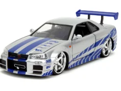 Brian's Nissan Skyline GT-R (R34) Silver Metallic with Blue Stripes and Suki's Honda S2000 Pink with Graphics Set of 2 Cars 