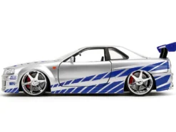 Brian's Nissan Skyline GT-R (R34) Silver Metallic with Blue Stripes and Suki's Honda S2000 Pink with Graphics Set of 2 Cars 