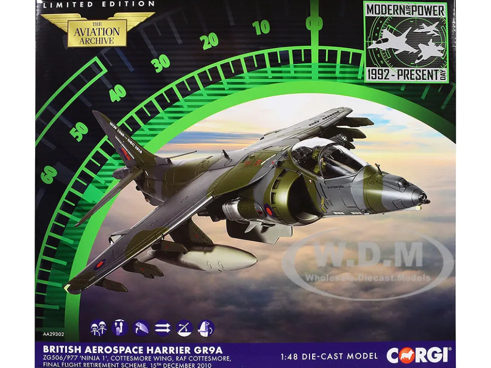 British Aerospace Harrier GR9A Aircraft "ZG506/P77, Ninja 1, RAF Cottesmore, Final Flight Retirement Scheme" (2010) Royal Air Force "The Aviation Archive" Series 1/48 Diecast Model by Corgi