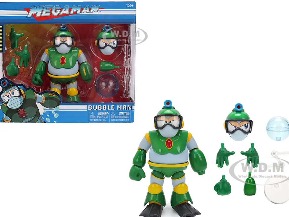 Bubble Man 5" Moveable Figure (Deluxe Version) with Accessories and Alternate Head and Hands "Mega Man" (1987) Video Game Model by Jada
