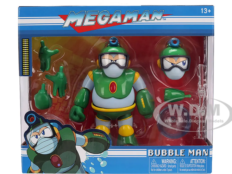 Bubble Man 5" Moveable Figure (Deluxe Version) with Accessories and Alternate Head and Hands "Mega Man" (1987) Video Game Model by Jada