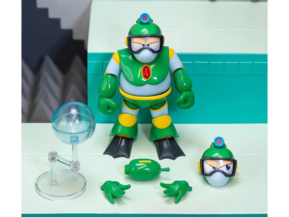 Bubble Man 5" Moveable Figure (Deluxe Version) with Accessories and Alternate Head and Hands "Mega Man" (1987) Video Game Model by Jada