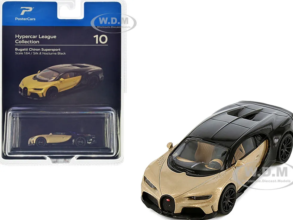 Bugatti Chiron Supersport Silk Gold Metallic and Nocturne Black Hypercar League Collection 1/64 Diecast Model Car PosterCars H10B